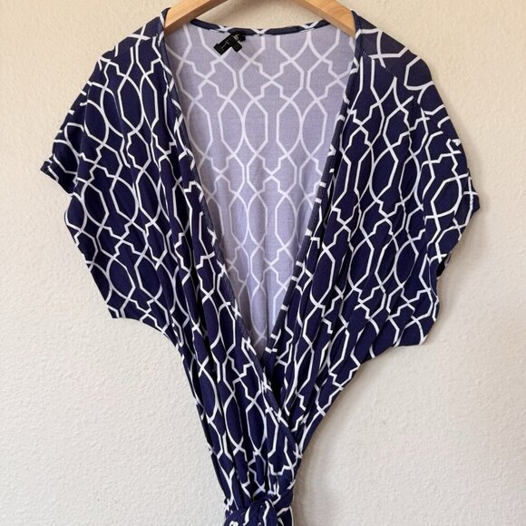 Tart Dress Navy Geometric Print Belted Cap Sleeve Feminine Wrap Dress - Picture 2 of 7